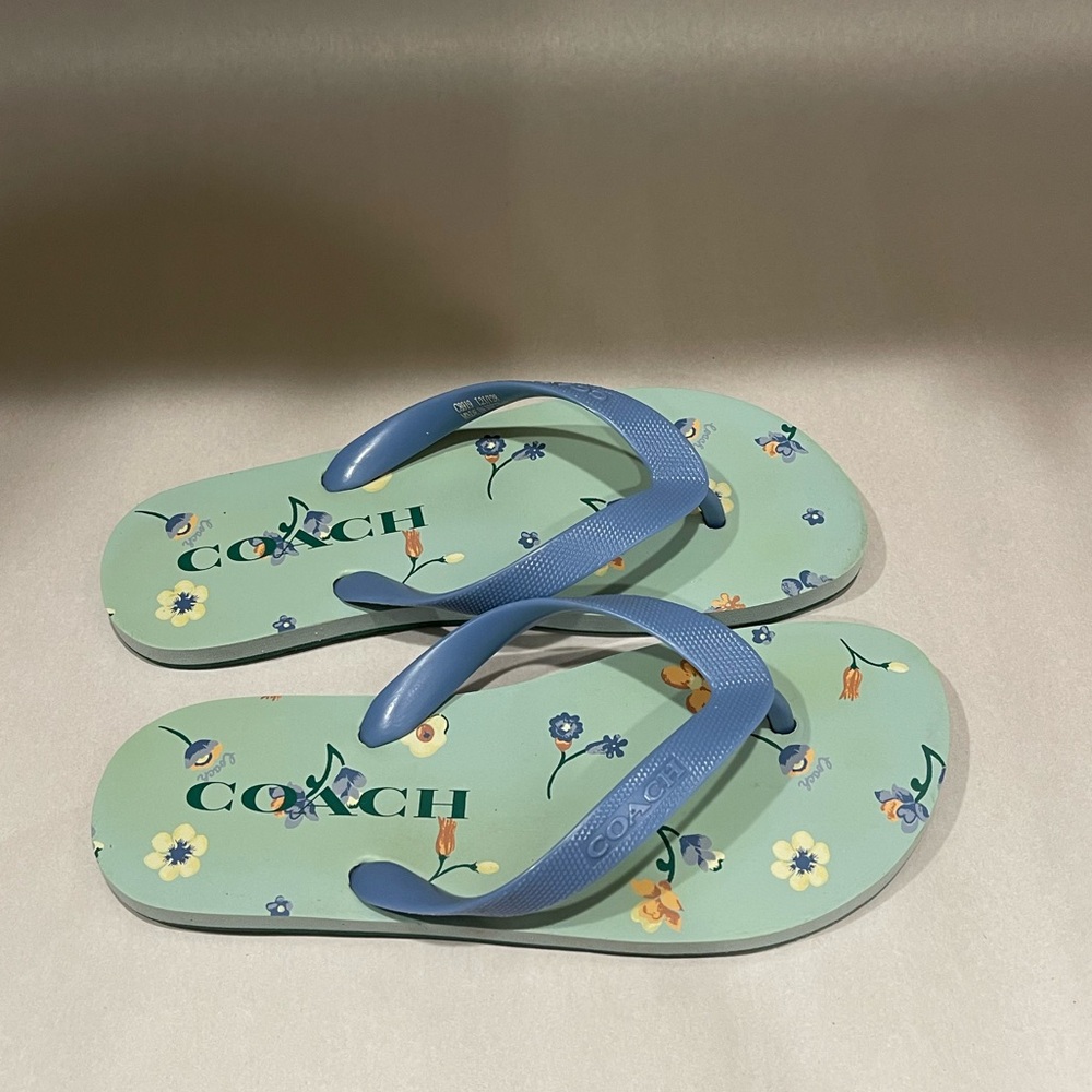 Coach Zak Flip Flops. Blue Chambray And White